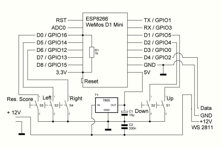 Schaltbild der Snake LED-Matrix mit Wemos D1 mini